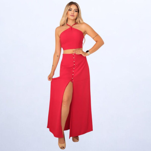 Conjunto Feminino Viscolinho Saia Longa + Cropped com Amarração – Elegância e Conforto