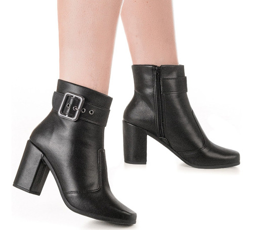 Bota Feminina Gigil Cano Médio com Salto Alto 8,5cm – Bico Quadrado, Napa Sintética, Fivela e Zíper