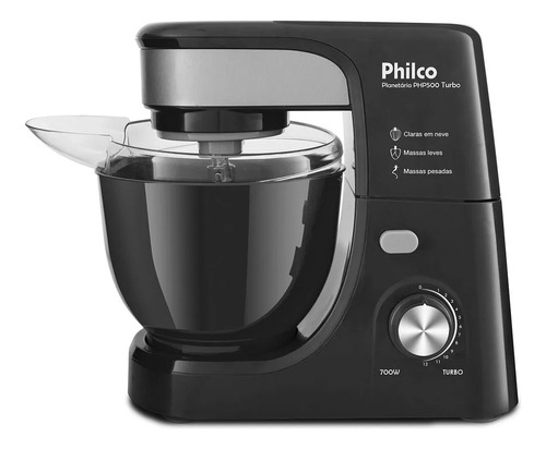 Batedeira Planetária Philco PHP500P Turbo 700W 127V Preta com Tigela 4L e 12 Velocidades