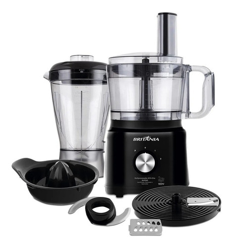 Multiprocessador Britânia 3 em 1 com 900W, 2 velocidades e função pulsar. Processa, liquidifica e espreme. Ideal para receitas completas.