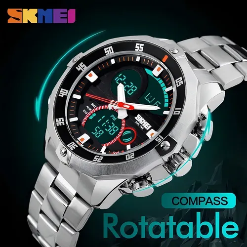 Relógio Masculino Skmei 1146 Analógico-Digital Prateado – Aço Inox, Fundo Preto, Resistente à Água 30m - vista adicional