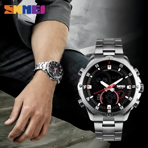 Relógio Masculino Skmei 1146 Analógico-Digital Prateado – Aço Inox, Fundo Preto, Resistente à Água 30m - vista adicional
