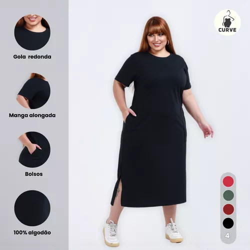 Vestido Feminino Plus Size Longo, Casual, Confortável, Com Bolso - Algodão