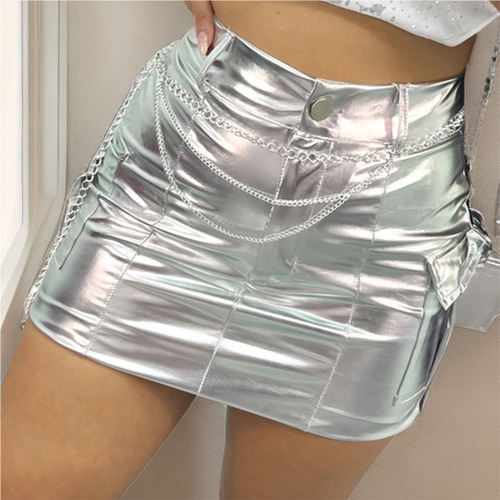 Saia Curta Metalizada em Vinil Cintura Alta com Bolso – Feminina, Brilho e Estilo Noturno