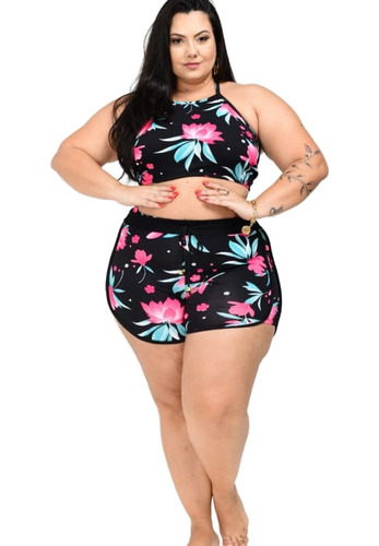 Kit Trikini Plus Size 3 Peças – Biquíni com Forro + Short Saída de Praia