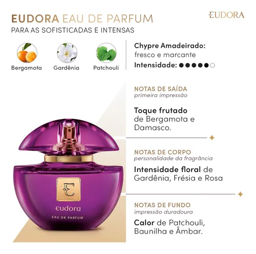 Eudora Eau de Parfum 75ml feminino. Perfume chypre amadeirado com patchouli, baunilha e âmbar - vista adicional