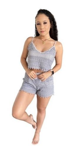 Conjunto Blusa Cropped Em Renda E Short  Curta Colada - Diversas Cores